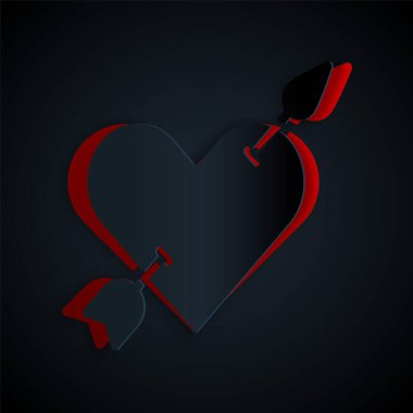 Kağıt kesiği Amour sembolü, siyah arka planda izole edilmiş kalp ve ok simgesi. Aşk işareti. Sevgililer Günü sembolü. Kağıt sanatı tarzı. Vektör.