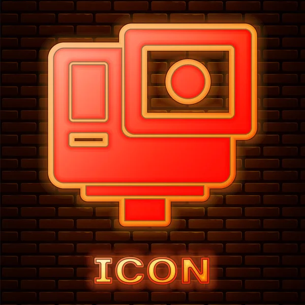 Leuchtende Neon Action Extreme Kamera Symbol Isoliert Auf Backsteinwand Hintergrund — Stockvektor