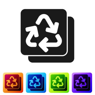 Siyah Geri Dönüşüm sembolü simgesi beyaz arkaplanda izole edildi. Dairesel ok simgesi. Çevre geri dönüşümü yeşile döner. Renkli kare düğmelerle simgeleri ayarla. Vektör.