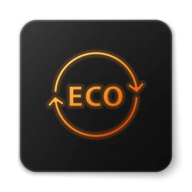 Turuncu parlak neon banner, etiket, etiket, eko yeşil sağlıklı yiyecek simgesi için logo beyaz arka planda izole edilmiş. Organik ürün. Sağlıklı yemek etiketi. Siyah kare düğme. Vektör.