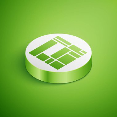 Isometric House Edificio Mirador simgesi yeşil arka planda izole edildi. Madrid, İspanya 'da MVRDV mimarlarının Mirador sosyal konutları. Beyaz daire düğmesi. Vektör.