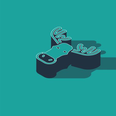 Yeşil arka planda izole edilmiş boynuz ikonu olan Isometric Moose kafası. Vektör.