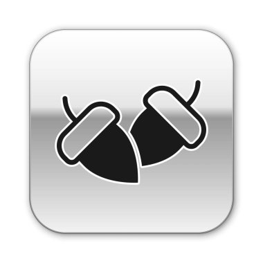 Siyah meşe palamudu beyaz arka planda izole edilmiş. Gümüş kare düğme. Vektör.