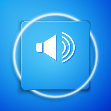 Beyaz Hoparlör sesi, ses sembolü, mavi arkaplanda izole edilmiş medya müzik ikonu. Mavi kare düğme. Vektör.