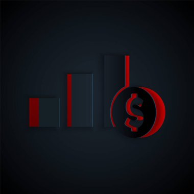 Kağıt kesiği grafiği bilgisel ve dolar sembolü simgesi siyah arkaplanda izole edilmiş. Diyagram çizelgesi. Kağıt sanatı tarzı. Vektör.
