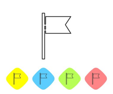 Beyaz arka planda gri çizgi bayrak simgesi izole edildi. Yer belirleyici sembol. Renkli eşkenar dörtgen düğmelerine simgeleri yerleştir. Vektör.