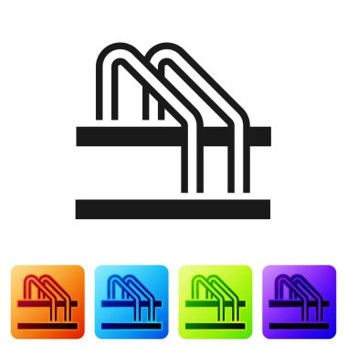 Beyaz arka planda siyah bisiklet park ikonu izole edildi. Renkli kare düğmelerle simgeleri ayarla. Vektör.