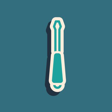 Yeşil tornavida simgesi yeşil arkaplanda izole edildi. Servis aracı sembolü. Uzun gölge tarzı. Vektör.