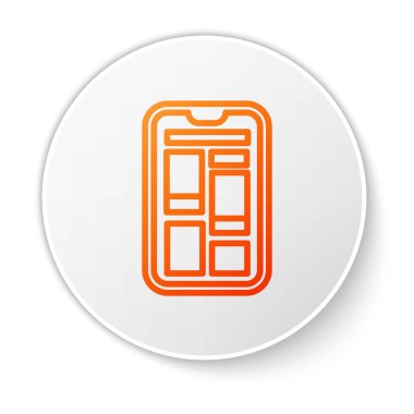 Cep telefonu simgesinden online turuncu hat alışverişi beyaz arka planda izole edildi. İnternet dükkanı, mobil mağaza uygulaması ve faturalar. Beyaz daire düğmesi. Vektör İllüstrasyonu.