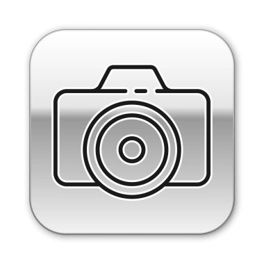 Siyah çizgi fotoğraf makinesi simgesi beyaz arkaplanda izole edildi. Fotoğraf makinesi simgesi. Gümüş kare düğme. Vektör İllüstrasyonu.