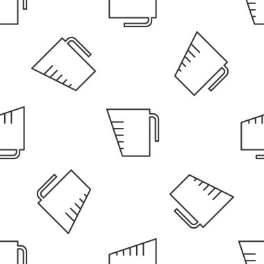 Gri çizgi ölçme kabı kuru ve sıvı yiyecek ikonunu ölçmek için beyaz zemin üzerinde izole edilmiş pürüzsüz desen. Plastik şişenin sapı var. Vektör İllüstrasyonu.