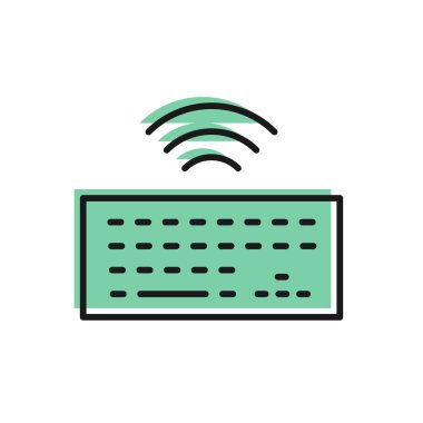 Beyaz arkaplanda siyah çizgi kablosuz bilgisayar klavye simgesi izole edildi. Bilgisayar bileşeni işareti. İnternet kavramının kablosuz bağlantısı. Vektör.