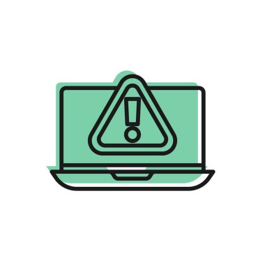 Beyaz zemin üzerinde ünlem işareti simgesi olan siyah çizgi dizüstü bilgisayar. Uyarı mesajı akıllı telefon uyarısı. Vektör.