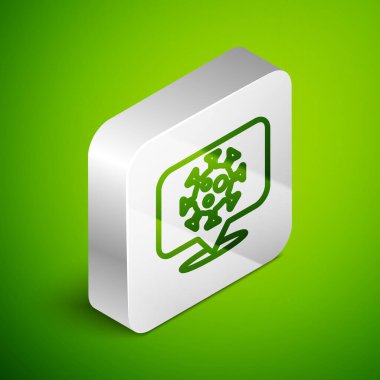 Isometric hattı Corona virüsü 2019-nCoV yeşil arkaplanda izole edilmiş konum ikonu. Bakteri ve mikroplar, hücre kanseri, mikrop, mantar. Gümüş kare düğme. Vektör..