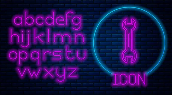 Leuchtende Neon Schraubenschlüssel Symbol Isoliert Auf Backsteinwand Hintergrund Neonlicht Alphabet — Stockvektor