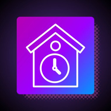 Beyaz çizgi Retro duvar izleme simgesi siyah arkaplanda izole edildi. Guguklu saat işareti. Antika sarkaçlı saat. Kare renk düğmesi. Vektör.