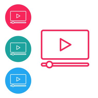 Kırmızı çizgi Online video simgesi beyaz arkaplanda izole edildi. Oyun işaretli film şeridi. Simgeleri daire düğmelerine ayır. Vektör.