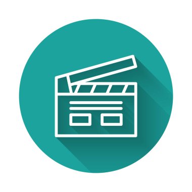 Uzun gölgeli beyaz çizgi Bollywood Hint sineması ikonu. Film alkışı. Film alkışlama tahtası. Sinema yapımı ya da medya endüstrisi. Yeşil daire düğmesi. Vektör.