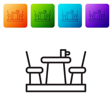 Beyaz arka planda siyah çizgi Fransız kafe ikonu izole edildi. Sokak kafesi. Masa ve sandalyeler. Renkli kare düğmelerle simgeleri ayarla. Vektör.