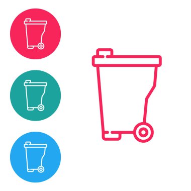 Kırmızı çizgi Çöp kutusu simgesi beyaz arkaplanda izole edildi. Çöp kutusu tabelası. Sepet simgesini geri dönüştür. Ofis çöpü ikonu. Simgeleri daire düğmelerine ayır. Vektör.