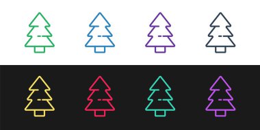 Siyah beyaz arkaplanda izole edilmiş bir Noel ağacı simgesi belirle. Mutlu Noeller ve mutlu yıllar. Vektör.