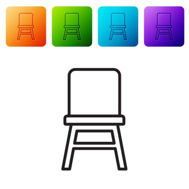 Beyaz arkaplanda siyah çizgi sandalye simgesi izole edildi. Renkli kare düğmelerle simgeleri ayarla. Vektör.