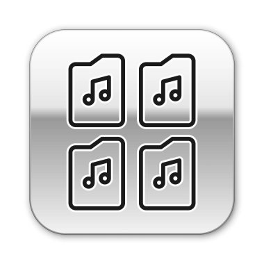 Siyah çizgi Müzik dosya simgesi beyaz arkaplanda izole edildi. Dijital ses riff dosyaları için dalga biçimi ses dosyası biçimi. Gümüş kare düğme. Vektör.