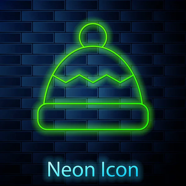 Glowing Neon Line Beanie Hat Icon Isolated Brick Wall Background — Stock Vector