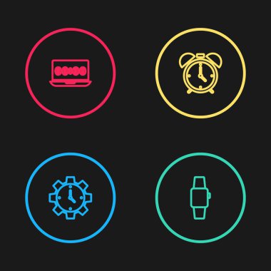 Dizüstü bilgisayar simgesinde çizgi Zaman Yönetimi, Smartwatch, Alarm saati ve Saati ayarla. Vektör