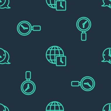 Çizgi dünya zamanını ayarla, saati olan büyüteç ve saat konuşma baloncuğu kusursuz desen. Vektör