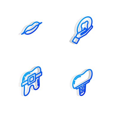 Isometric hattı Diş, gülen dudaklar diş teli ve diş implantı ikonu. Vektör