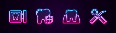 Dişçi kliniği konumu, koruma, diş ve teftiş aynası ayarlayın. Parlayan neon ikonu. Vektör