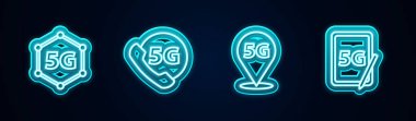 Satır 5G ağını, Telefonu, Konumu ve Tableti ayarla. Parlayan neon ikonu. Vektör