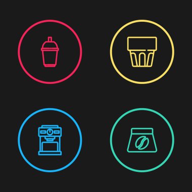 Çizgi kahve makinesi, poşet kahve çekirdekleri, ikon olması için bardak ve su. Vektör