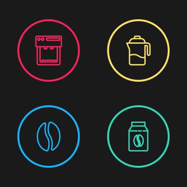 Kahve çekirdekleri, kahve poşeti kahve, Fransız matbaası ve makine ikonu. Vektör