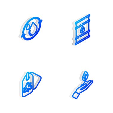 Isometric hattı biyo yakıt varili, temiz su geri dönüşümü, geri dönüşümlü etiket ve el simgesinde bitki. Vektör