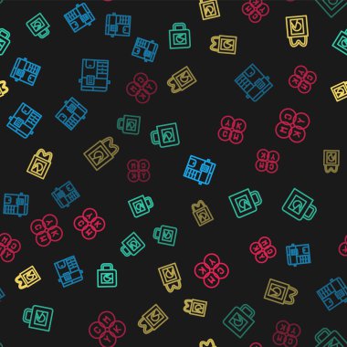 Çizgi fotokopi makinesi, kahve fincanı, kağıt alışveriş torbası ve CMYK rengini kusursuz desenlere karıştır. Vektör