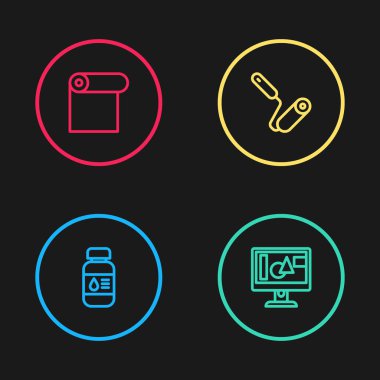 Çizgi yazıcı mürekkep şişesi, bilgisayar monitörü, boya fırçası ve rulo kağıt simgesi. Vektör