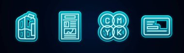 Set hattı yazıcı mürekkep şişesi, haber, CMYK renk karışımı ve kartvizit. Parlayan neon ikonu. Vektör