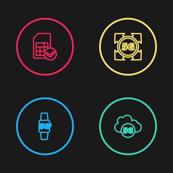 Impostare Linea Smart Watch Rete Cloud Icona Della Scheda Sim — Vettoriale Stock