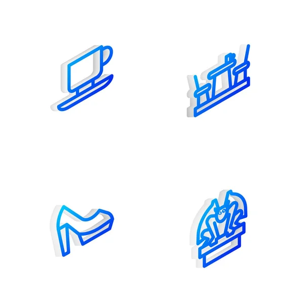 Nastavit Isometric Line Francouzská Kavárna Šálek Kávy Dámská Bota Gargoyle — Stockový vektor