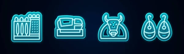 Set Line Dali Museum Stadium Mestalla Bull Earrings Glowing Neon — Stock Vector
