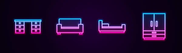 Set Line Bureau Sofa Bed Kledingkast Een Gloeiend Neon Icoon — Stockvector