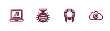 Dizüstü bilgisayarı müzik notası, ses kriko, disko topu ve müzik yayın servis simgesi ile ayarla. Vektör