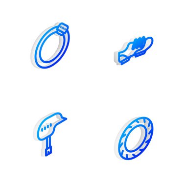 Isometric hattı bisiklet ayakkabıları, fren diski, miğfer ve tekerlek tekerlek ikonu ayarla. Vektör