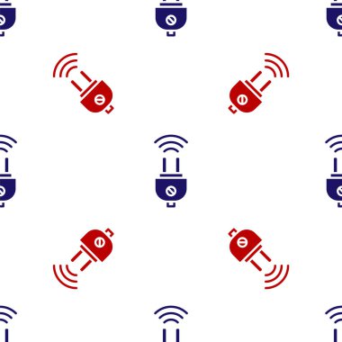 Mavi ve kırmızı akıllı elektrik prizi ikonu beyaz arka planda izole edilmiş pürüzsüz desen. İnternet kavramının kablosuz bağlantısı. Vektör.