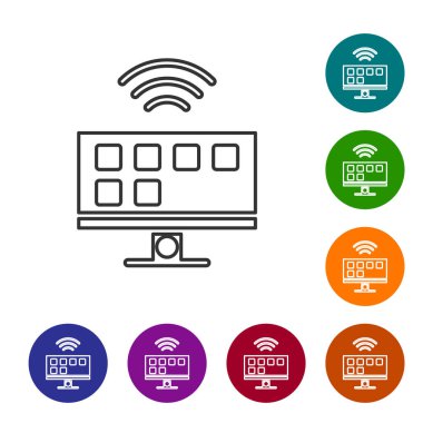 Siyah çizgi Akıllı TV sistem simgesi beyaz arkaplanda izole edildi. Televizyon tabelası. İnternet kavramının kablosuz bağlantısı. Simgeleri renk daire düğmelerine ayarla. Vektör.
