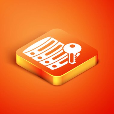 Turuncu arkaplanda anahtar simgesi olan Isometric Sunucu güvenliği. Güvenlik, güvenlik, koruma kavramı. Vektör.