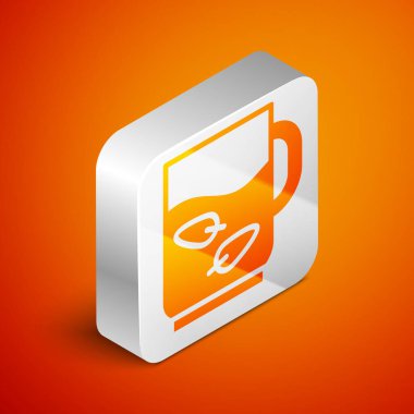 Turuncu arka planda izole edilmiş bir fincan çay ve yaprak ikonu. Gümüş kare düğme. Vektör.