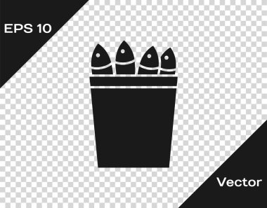 Şeffaf arkaplanda izole edilmiş balık ikonu olan siyah balık kovası. Kovadaki balık. Vektör..